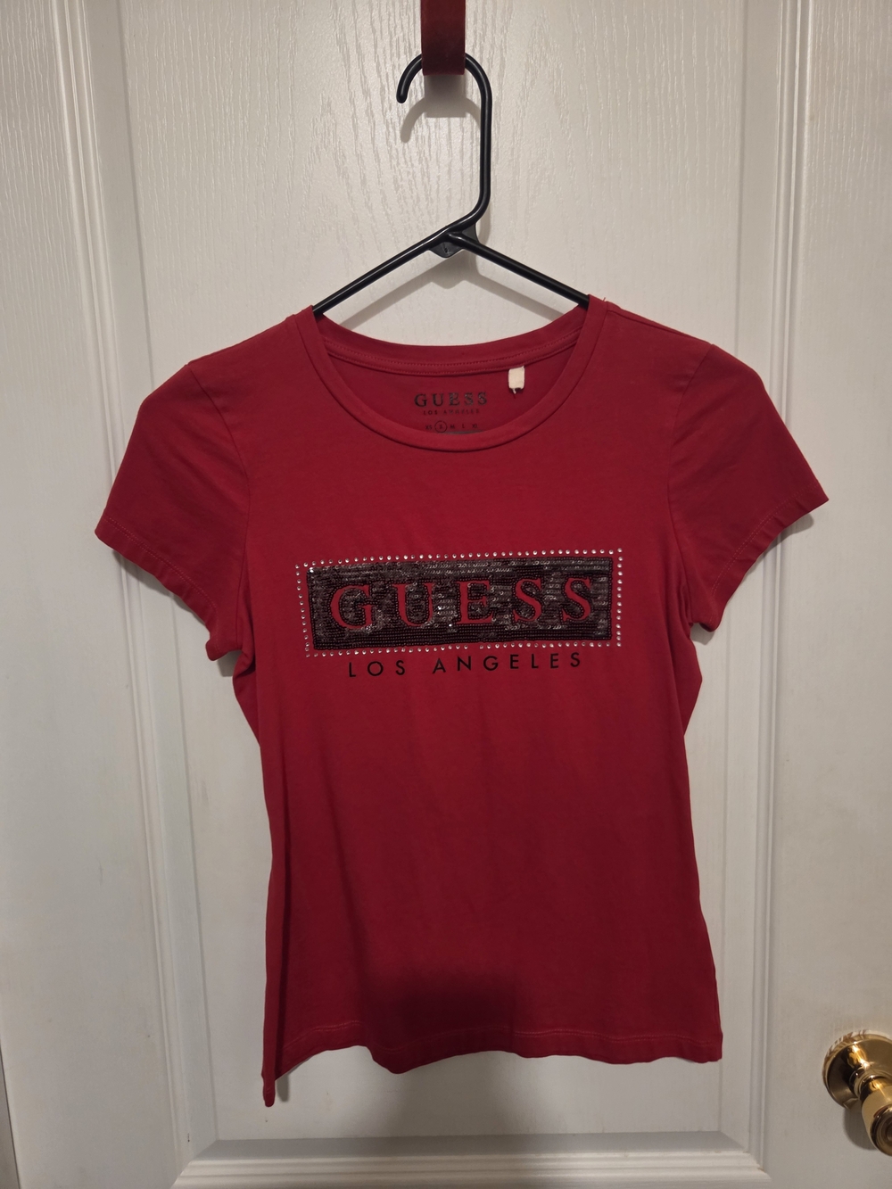 GUESS Red Short Sleeve Logo Tee with Studded Plaque